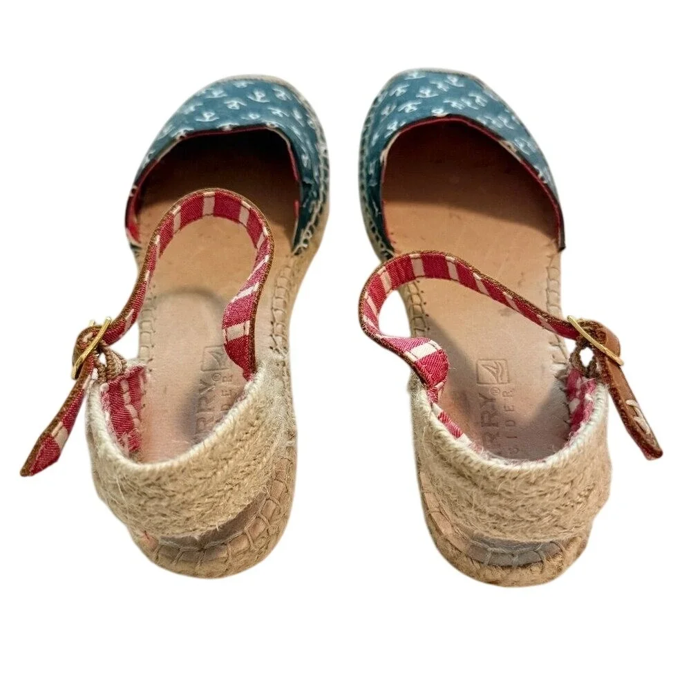 Sperry Top Sider Anchor Espadrille Sandals Womens 8M Navy Nautical Ankle Strap